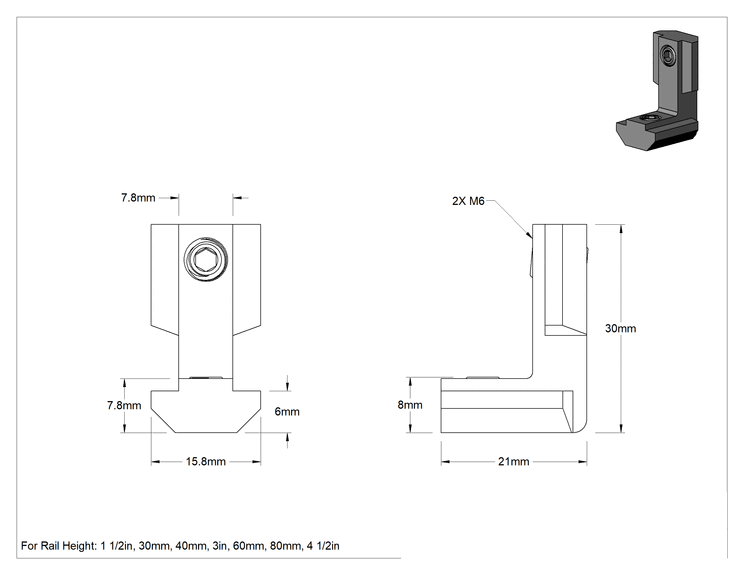 Teknik Çizim - T-Yivli Çerçeve, 1.5" için Gizli Köşe Braketi, 30 ve 40 mm Yüksekliğinde Ray