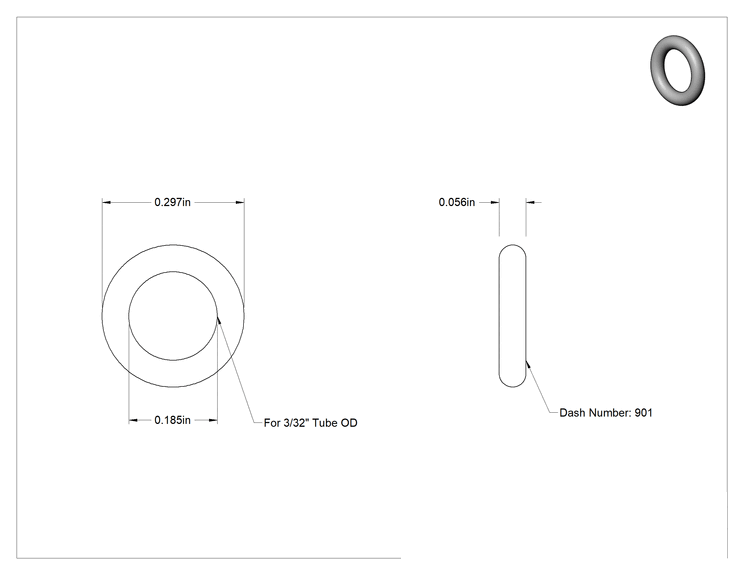 Teknik Çizim - Suya ve Hava Koşullarına Dayanıklı Neopren O-Ring, Düz Dişli Bağlantı, 3/32" Boru Dış Çapı için, Dash 901
