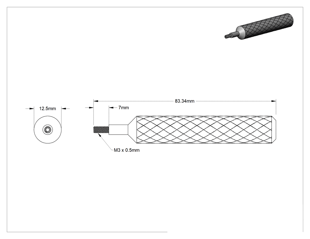 Teknik Çizim - Hızlı Açılır Mil Bileziği Kolu, Siyah Oksit 1215 Karbon Çelik, M3 x 0.5 mm Dişli