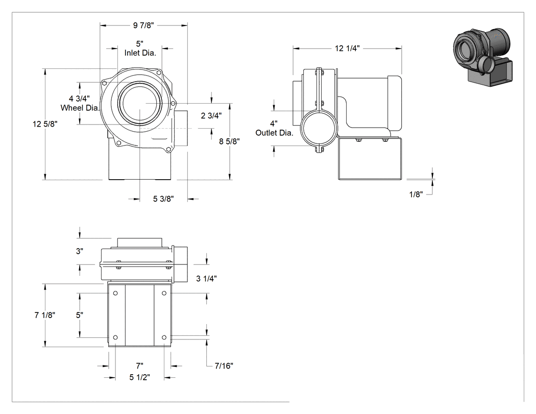 Teknik Çizim - Kıvılcım Dayanıklı Üfleyici, 375 CFM @ 1/4 inç Su