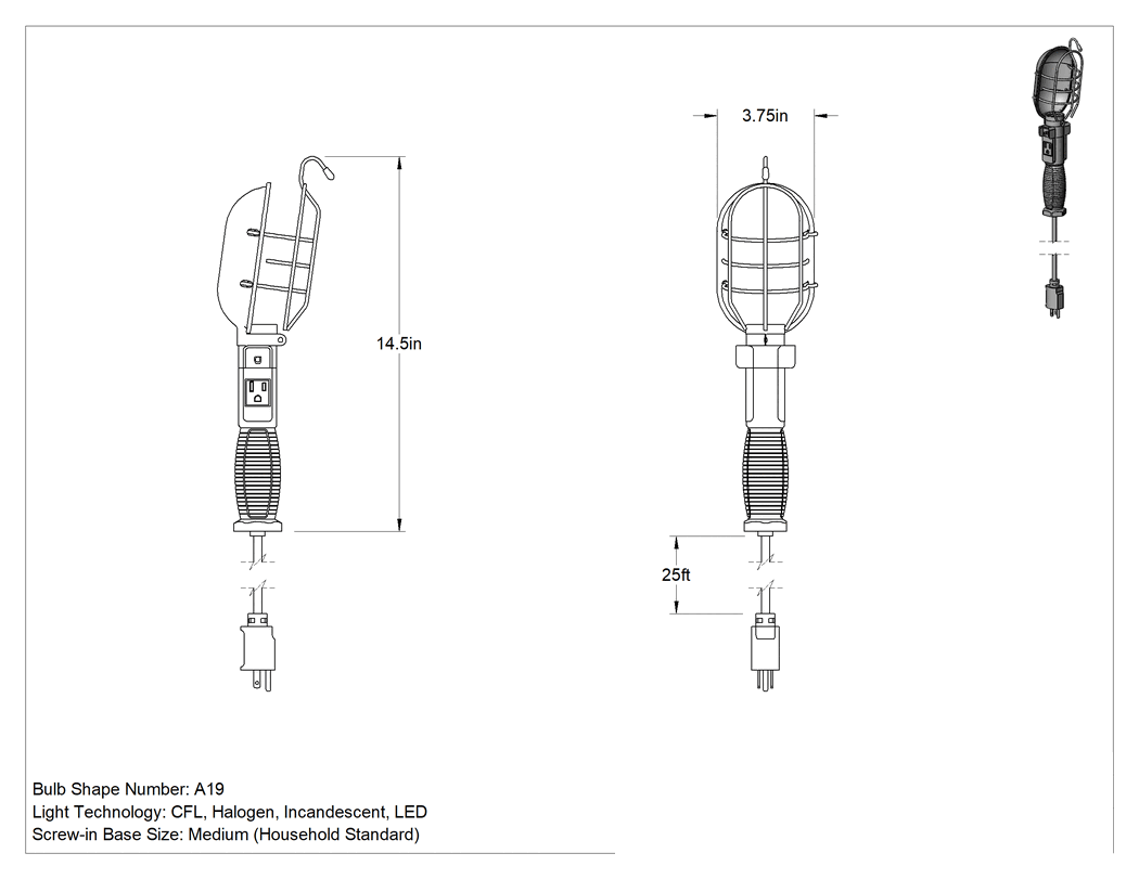 Teknik Çizim - Takılabilir Taşınabilir Çalışma Lambası, Değiştirilebilir LED Ampuller için, 15-1/4" Toplam Uzunluk