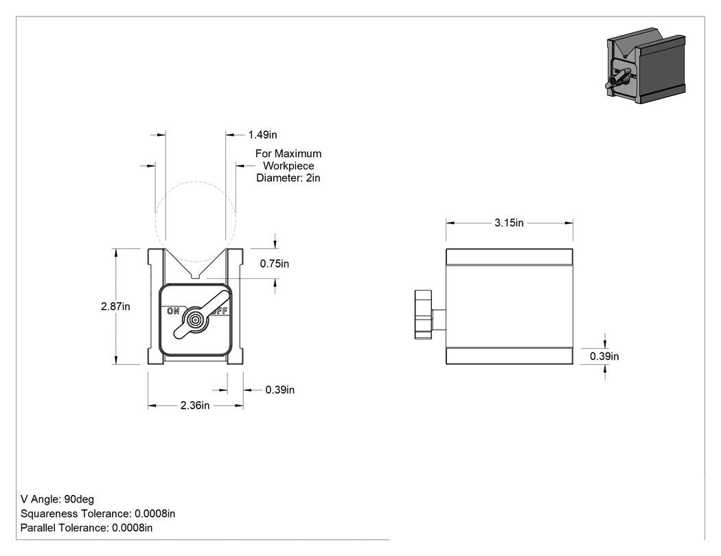Teknik Çizim - Manyetik V-Blok, 2" Maksimum İş Parçası Çapı için, 3-1/8" Uzunluk