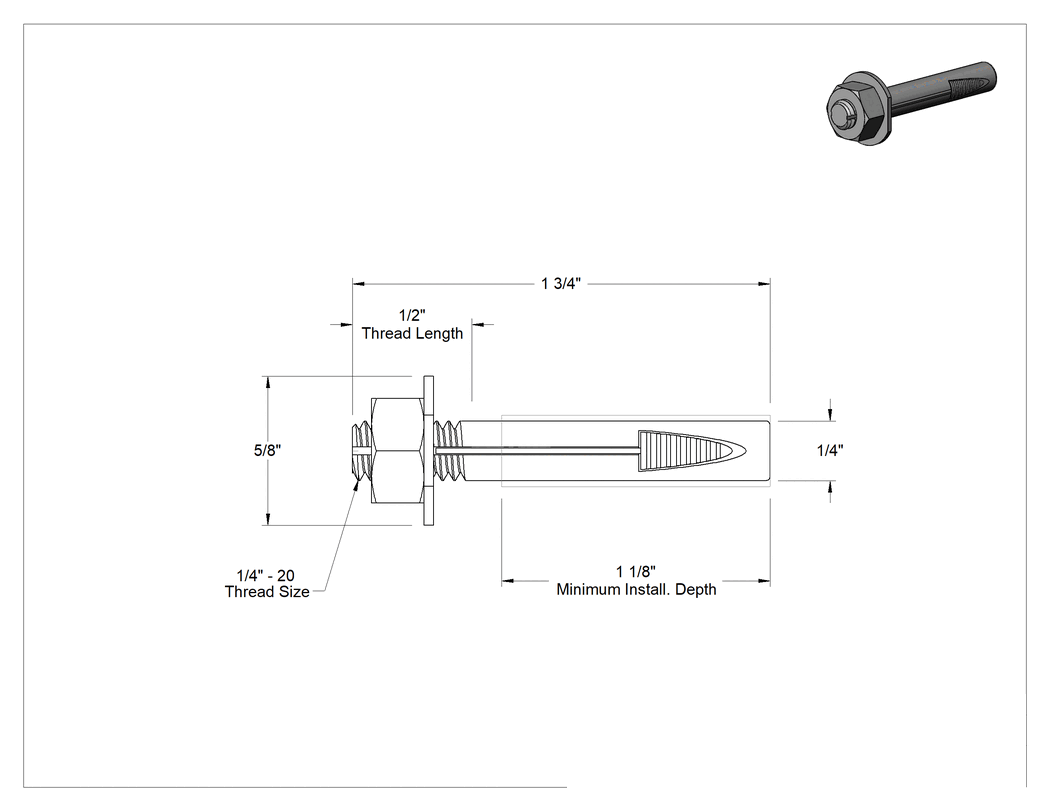 Teknik Çizim - Beton için Titreşime Dayanıklı Kamalı Dübel, 1/4" Çap, 1-3/4" Uzunluk