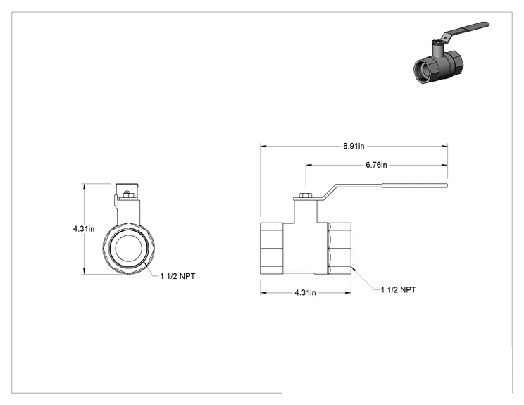Teknik Çizim - Bronz Açma/Kapama Valfi, Kol, 1-1/2 NPT Dişi, 76 Cv
