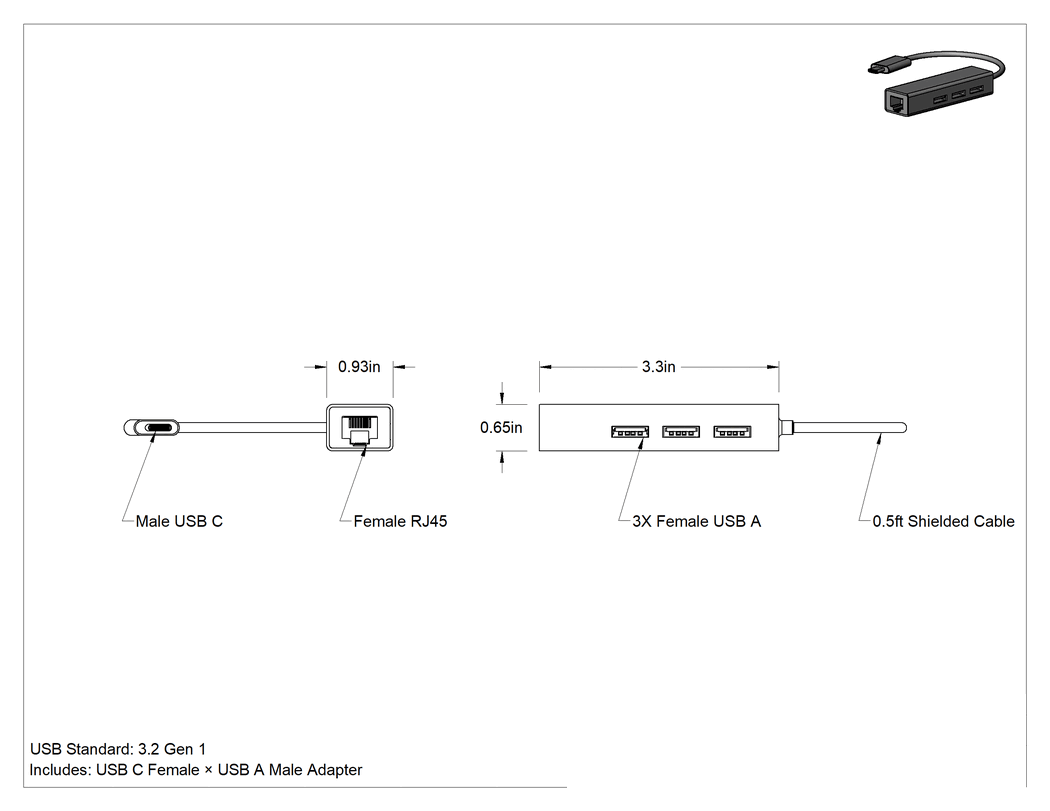 Teknik Çizim - USB Hub'ları, USB 3.2 C x A ve RJ45 Bağlantıları