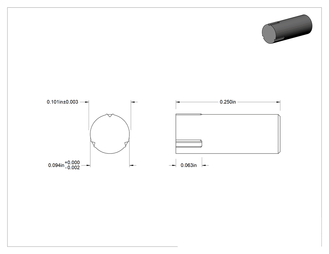 Teknik Çizim - Çelik Çeyrek Oluklu Pim, 3/32" Çap, 1/4" Uzunluk