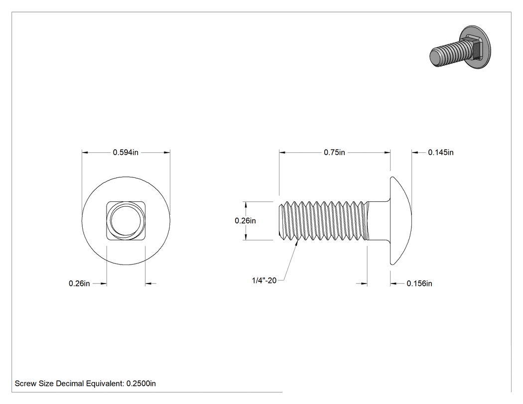Teknik Çizim - Bronz Kare Boyunlu Taşıma Cıvatası, 1/4"-20 Diş Boyutu, 3/4" Uzunluk