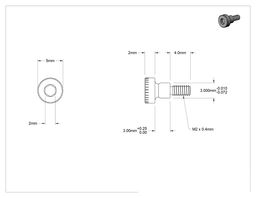 Teknik Çizim - 316 Paslanmaz Çelik Omuzlu Vida, 3 mm Çap x 3 mm Omuz Uzunluğu, M2 x 0.4 mm Diş
