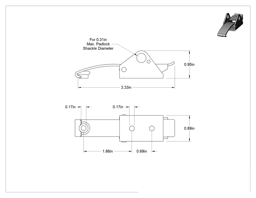 Teknik Çizim - Çekme Mandalı, Düğme Karşılıklı, Çinko Kaplı Çelik, 3-3/8" Uzunluk x 15/16" Genişlik