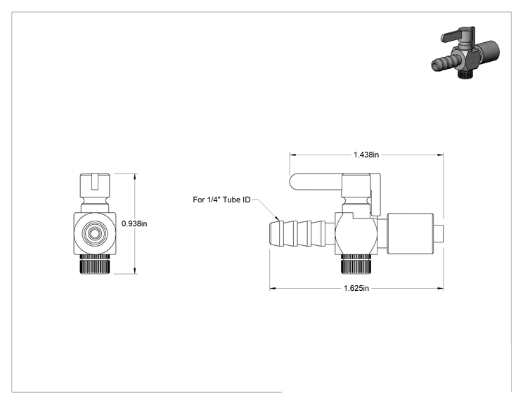 Teknik Çizim - Luer Lock Bağlantı Parçalı Açma/Kapama Vanası, Pirinç Gövde, Kilit Halkalı Erkek x 1/4" Boru İç Çapı, Tırnaklı