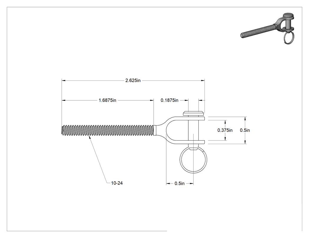 Teknik Çizim - 316 Paslanmaz Çelik Gerdirme - Kaldırma Amaçlı Değil, Çatal Uç, 10-24 Sol Dişli
