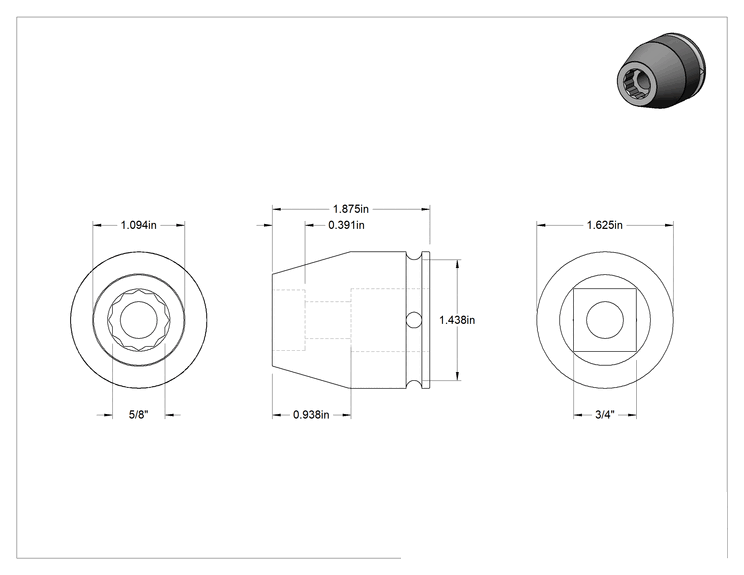 Teknik Çizim - 12 Uçlu Darbeli Lokma Anahtarı, 3/4" Kare Tahrik, 5/8" Boyut