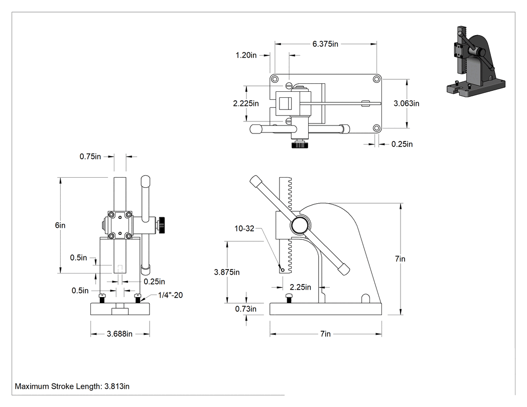 Teknik Çizim - Küçük Parçalar için Kompakt Tezgah Üstü Kolu Presi, 500 lbs. Kapasite