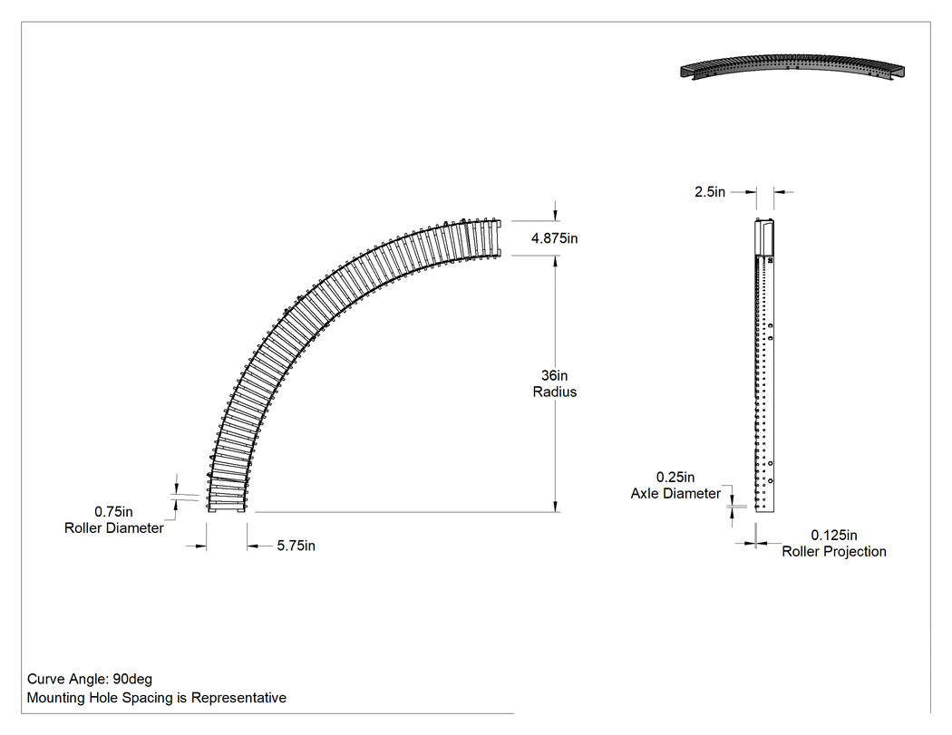 Teknik Çizim - Tezgah Üstü Makaralı Konveyör, 90 Derece Eğrisi, 3/4" Çaplı Çelik Silindir, 5-3/4" Toplam Genişlik