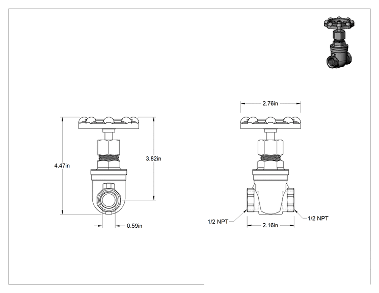 Teknik Çizim - 316 Paslanmaz Çelik Gövde ve Sürgülü Kademeli Açma/Kapama Vanası, Tekerlek Kolu ve Yükselmeyen Mil, 1/2 NPT Dişi