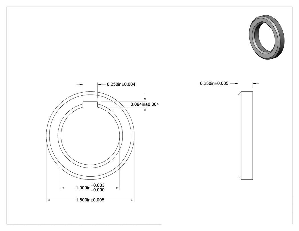 Teknik Çizim - Dişli Miller için Dişsiz Ara Parça, 1-1/2" Dış Çap, 1/4" Uzunluk