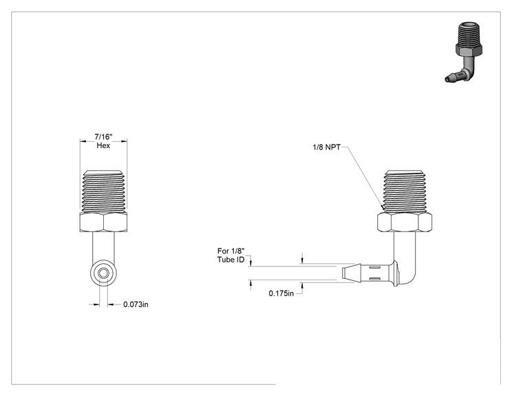 Teknik Çizim - Gıda ve İçecek için Süper Akışlı Tırnaklı Bağlantı Elemanı, 1/8" İç Çaplı Boru x 1/8 NPT Erkek Dişli için Polietilen Dirsek