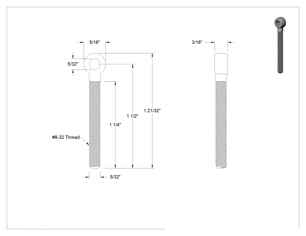Teknik Çizim - Yüksek Mukavemetli Tam Gijon Ucu Cıvatası, 8-32 Şaft Dişi, 1-1/2" Şaft Merkez Uzunluğu