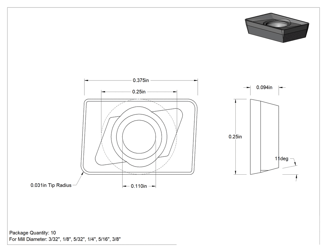Teknik Çizim - Pah Freze Ucu için Karbür Uç, Nikel için, Paslanmaz Çelik, Çelik ve Titanyum, 1/4" İç Çaplı Daire Çapı