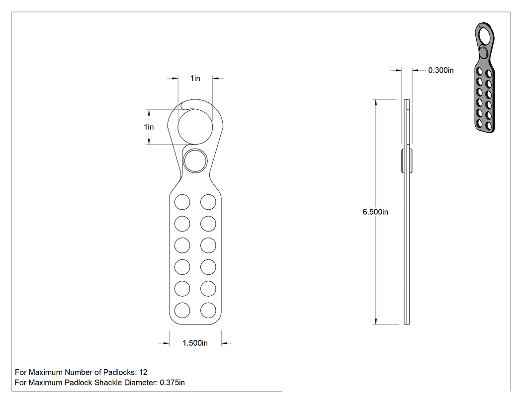 Teknik Çizim - Kilitleme Mandalı, Toz Boyalı Çelik, 1" Mandal Boşluğu, 6-1/2" Toplam Uzunluk