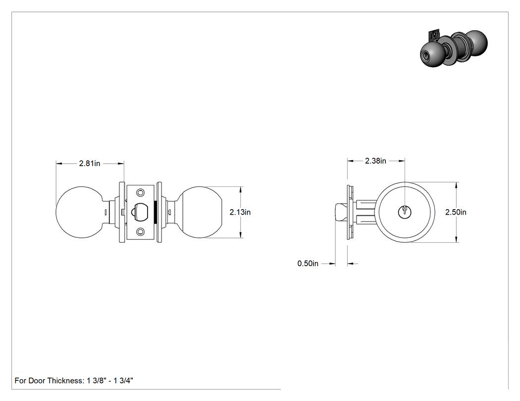 Teknik Çizim - Sargent 6 Hatlı Kapı Kolu, LA Yiv, Kendinden Kilitlenen, 2-3/8" Boğaz Mesafesi