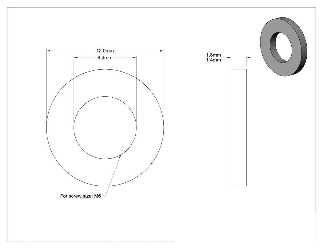 Teknik Çizim - 5 Sınıfı Titanyum Genel Amaçlı Pul, M6 Vida Boyutu için, 6.4 mm İç Çap, 12.0 mm Dış Çap
