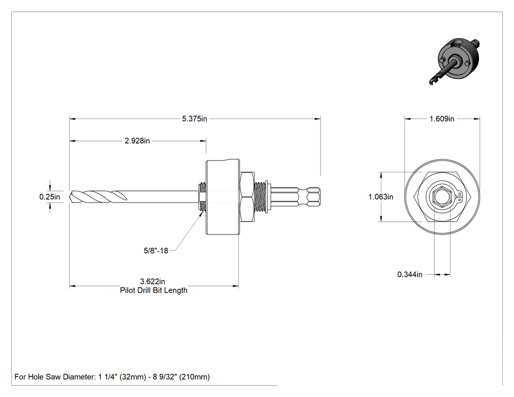 Teknik Çizim - 11/32" Şaft Mili ile 3-5/8" Uzunlukta Delik Testere Ucu