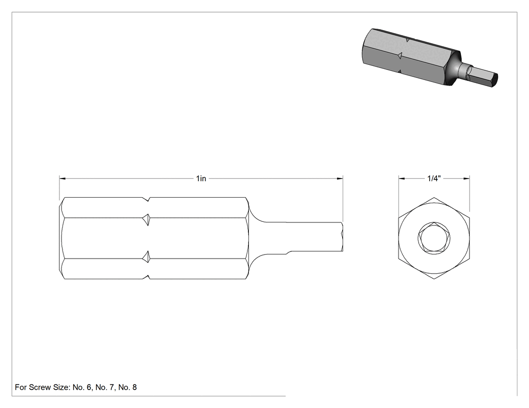Teknik Çizim - Beşgen Uç, 1/4" Altıgen Şaft, 6 ila 8 numaralı vida boyutları için