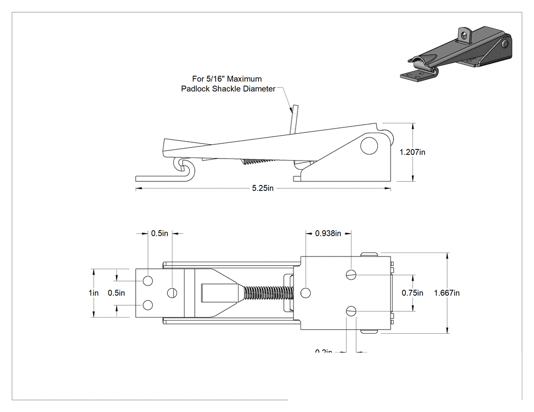 Teknik Çizim - Ayarlanabilir Tutamaklı Çekme Mandalı, Asma Kilitlenebilir, 304 Paslanmaz Çelik, 5-1/4" Uzunluk x 1-3/4" Genişlik
