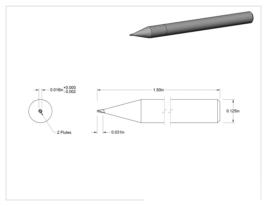 Teknik Çizim - TiCN Kaplamalı Karbür Kare Uçlu Freze, Minyatür, 2 Yivli, 1/64" Freze Çapı, 1-1/2" Toplam Uzunluk
