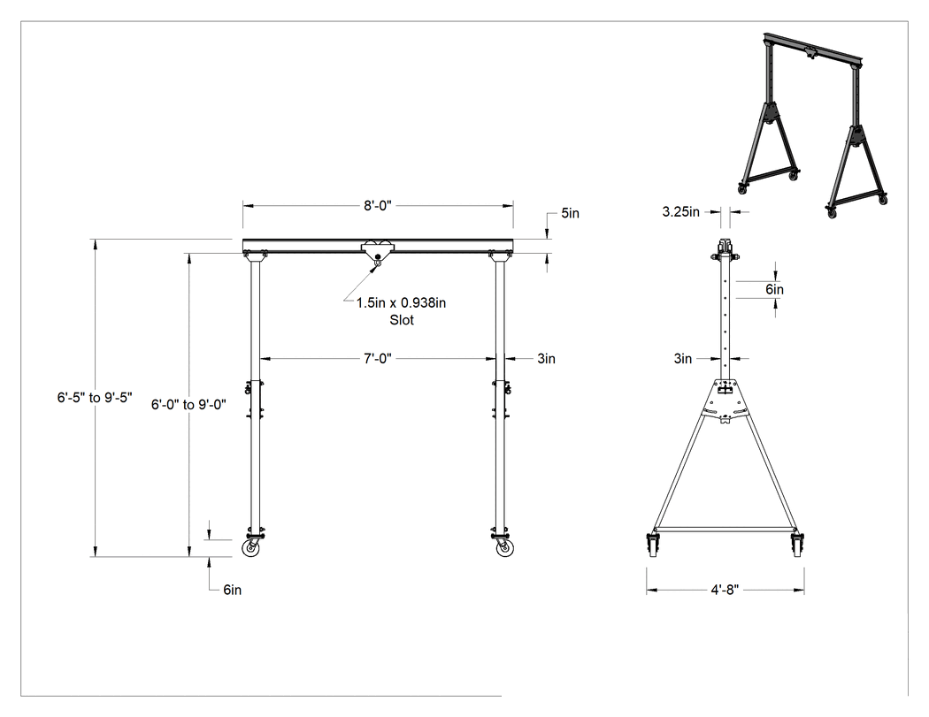 Teknik Çizim - Kolay Depolama Ayarlanabilir Portal Vinç, 1/2 Ton/1000 lbs. Kapasite, 6 Fit ila 9 Fit Boşluk