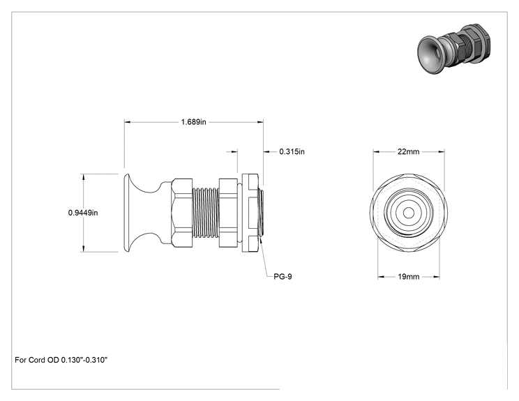 Teknik Çizim - Genişletilmiş Plastik Daldırılabilir Kablo Tutucu, PG-9 Çıkarılabilir, 0.13"-0.31" Kordon Dış Çapı için
