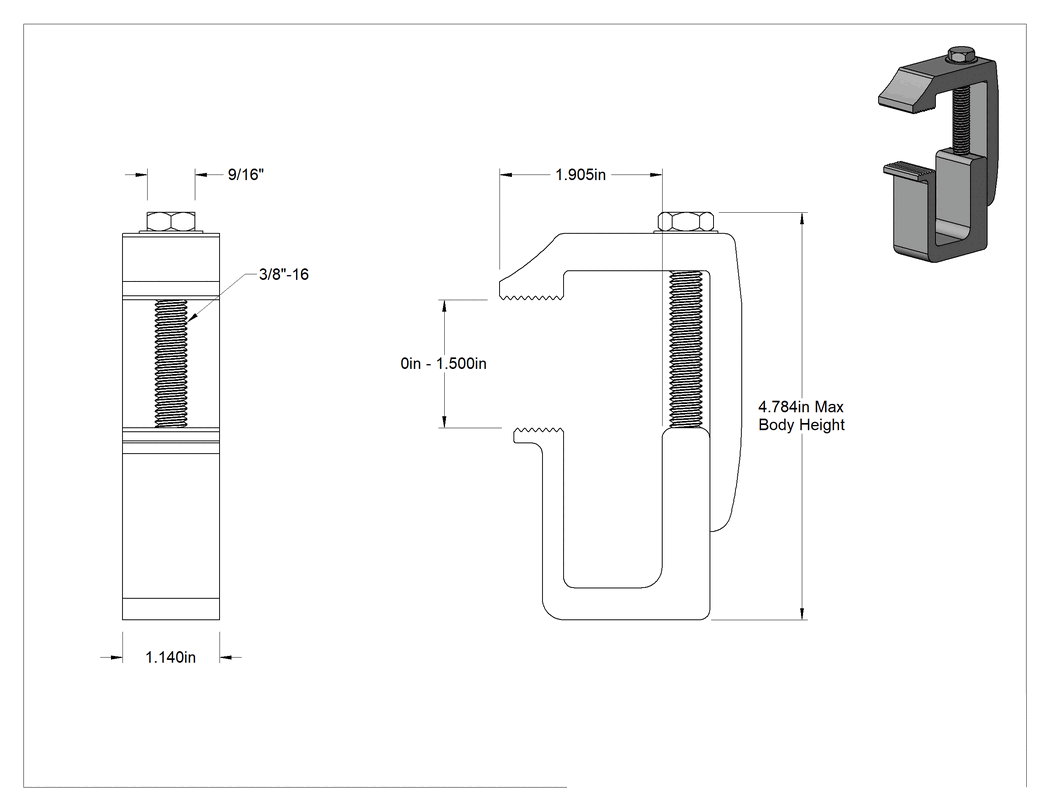 Teknik Çizim - Düşük Profilli C-Kelepçesi, Standart, 0" ila 1-1/2" Açıklık