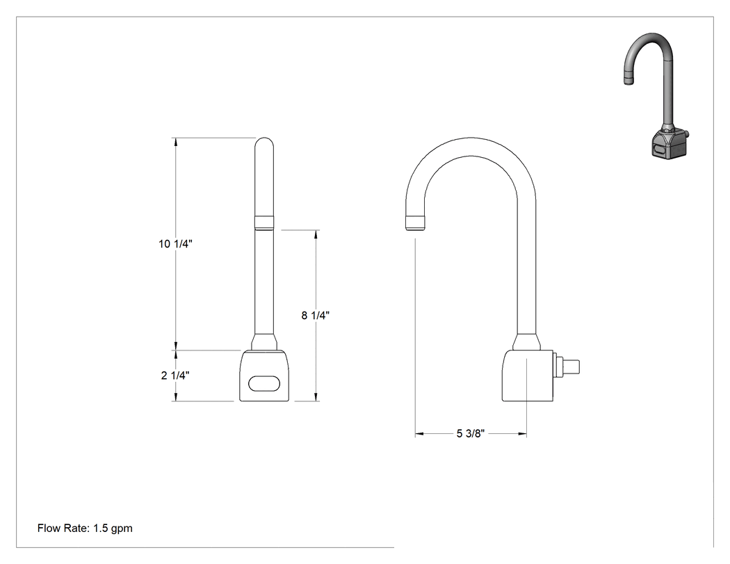 Teknik Çizim - Dokunmasız Lavabo Bataryası, Pil Yedeklemeli Elektrikli, 1 Arka Giriş, 1.5 gpm