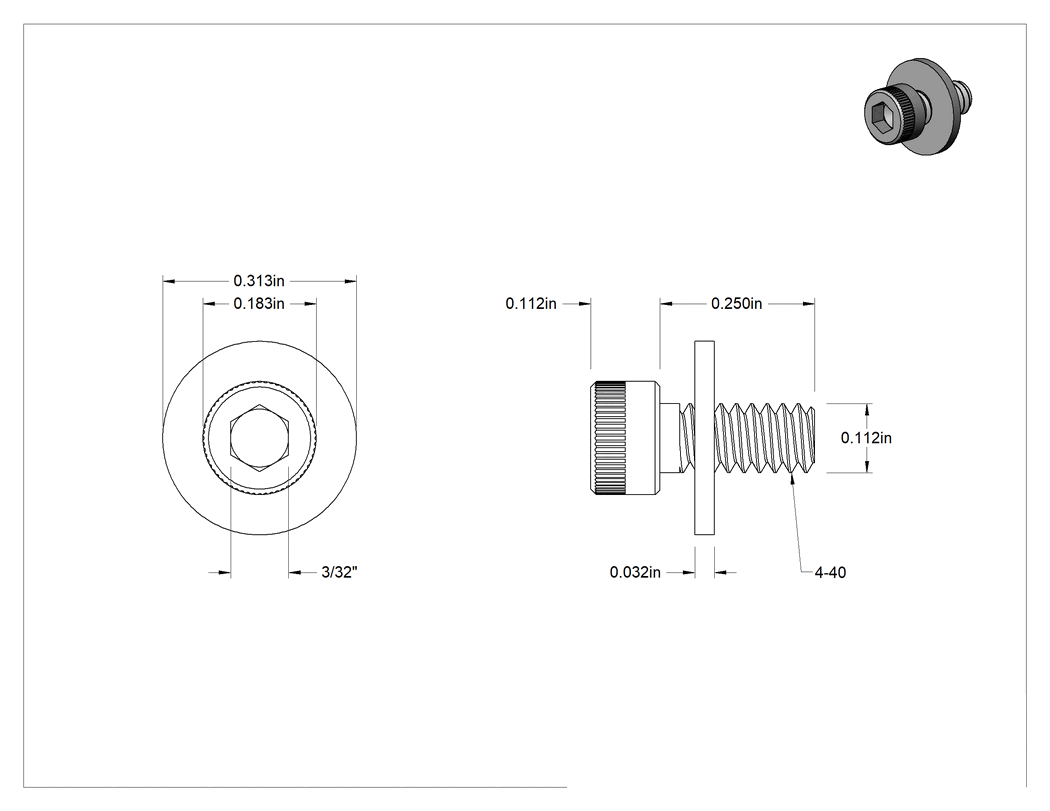 Teknik Çizim - Düz Pullu Alyan Başlı Vida, Siyah Oksitli Alaşımlı Çelik, 4-40 Diş Boyutu, 1/4" Uzunluk