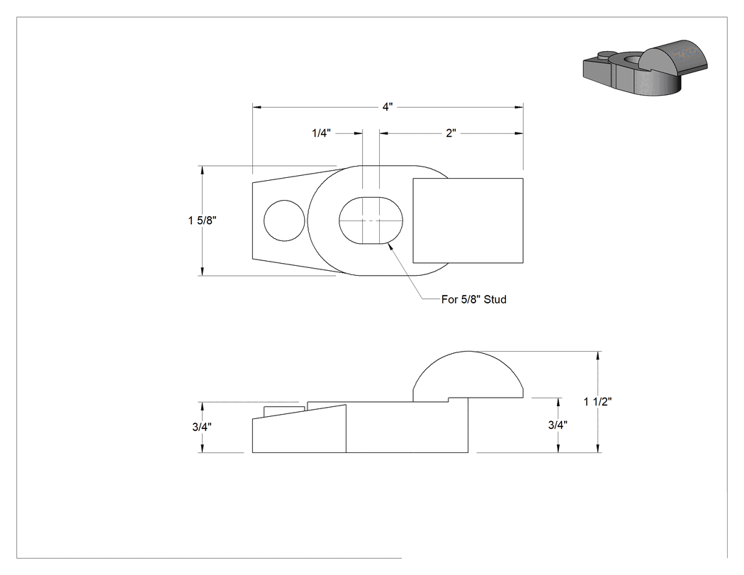 Teknik Çizim - 5/8" Çaplı Saplama için Düşük Profilli Kurulum Kelepçesi, 4" Uzunluk