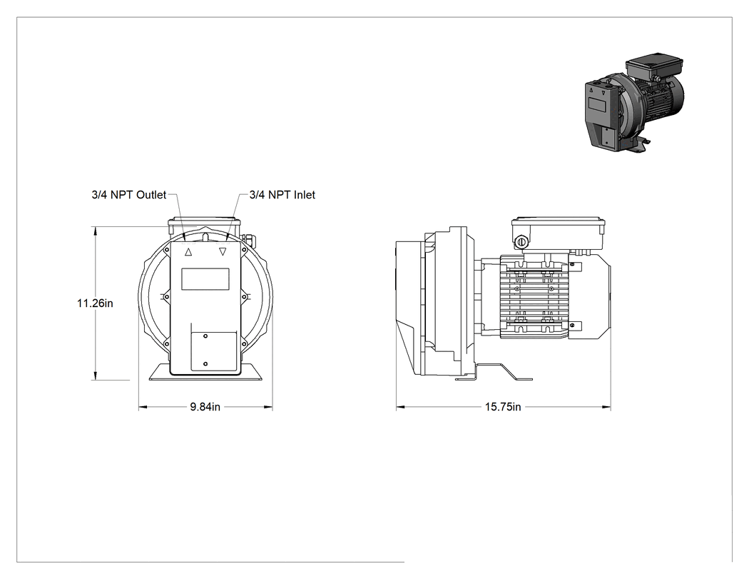 Teknik Çizim - Yüksek Akışlı Düşük Basınçlı Sıkıştırılmış Hava Üfleyici, 2 Stage, 1 Fazlı, 35 CFM @ 0 PSI Maksimum Akış Hızı, 1 hp