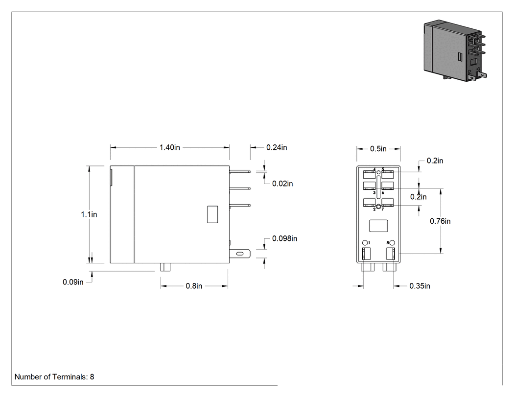Teknik Çizim - İnce Kürek Terminalli Röle, DPDT, 6 VDC Giriş