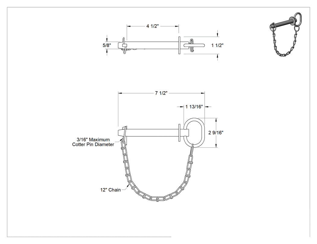 Teknik Çizim - Linch Pimli Bağlı Döngü Tutucu Çatal Pim, 17-4 PH Paslanmaz Çelik, 5/8" Çap, 4-1/2" Kullanılabilir Uzunluk