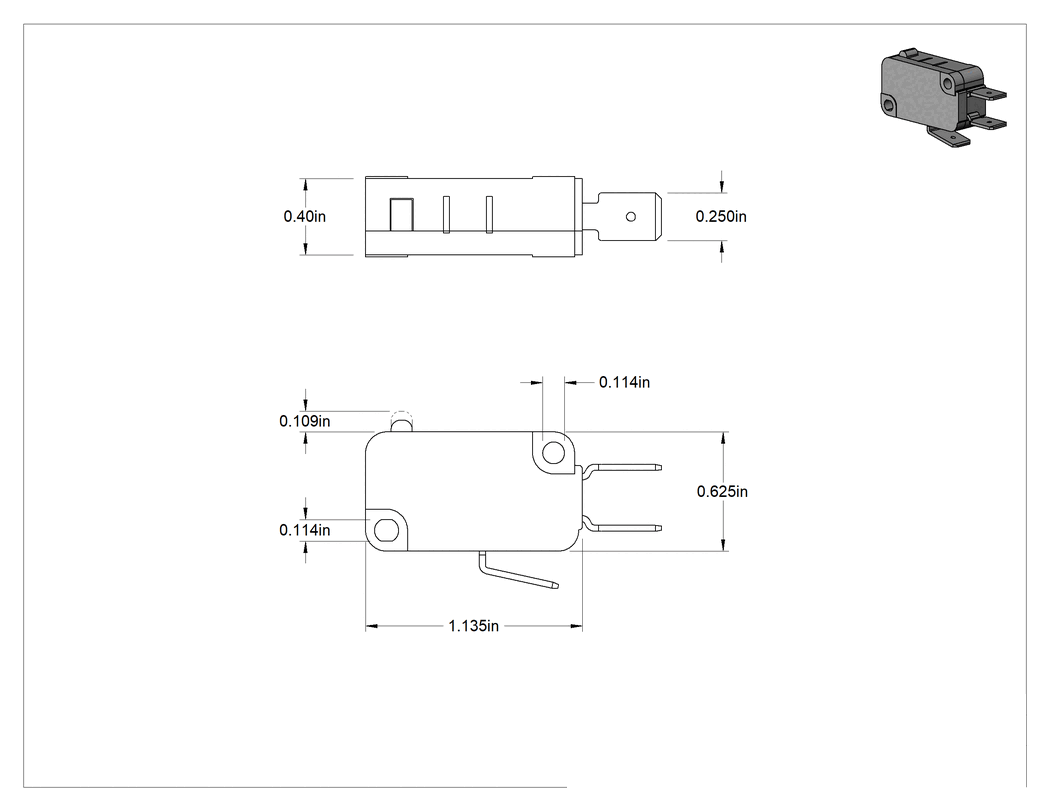 Teknik Çizim - Hafif Dokunuşlu Minyatür Anında Çalışan Anahtar, Pistonlu Aktüatör, SPDT, 1A @ 125V AC, 125 V AC Maksimum