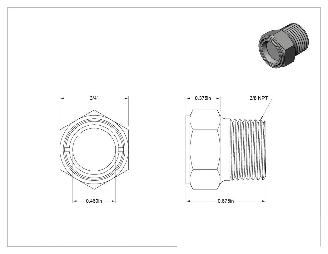 Teknik Çizim - 303 Paslanmaz Çelik Gözetleme Camı, Berrak Sıvı için, 3/8 NPT Erkek