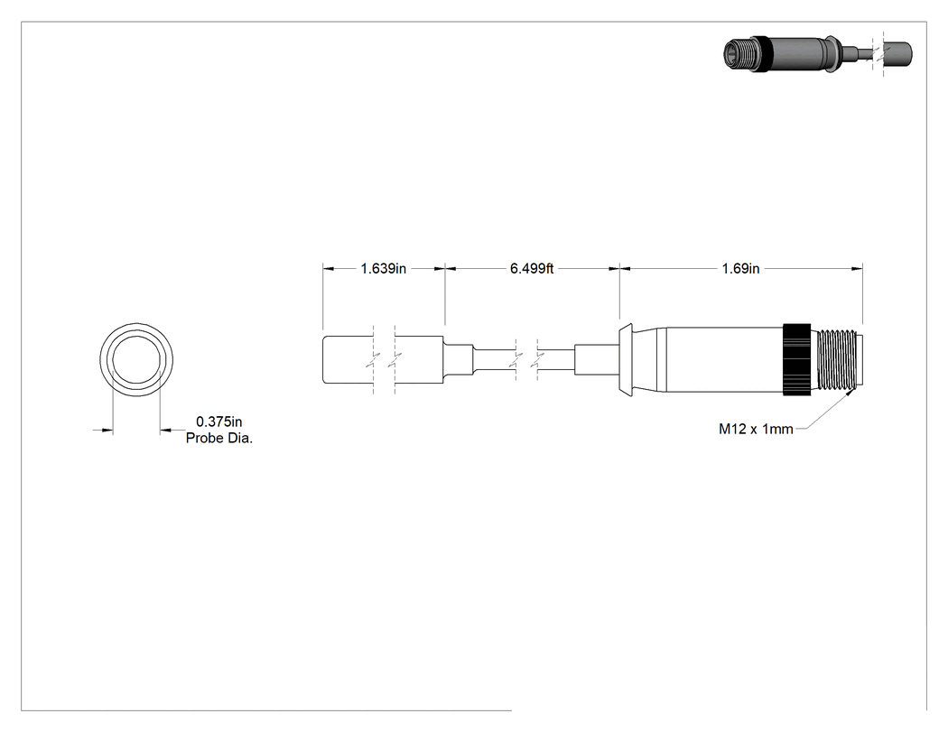 Teknik Çizim - Sıvılar ve Gazlar için RTD Probu, 316L Paslanmaz Çelik Prob, 100 Ohm, 1-5/8 inç Uzunluk, 3/8" Çap, Kablolu