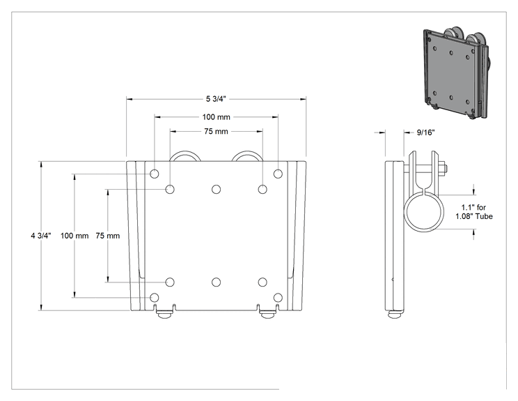 Teknik Çizim - 1.08" Dış Çaplı Kelepçeli Çerçeve Rayı için Monitör Montaj Aparatı