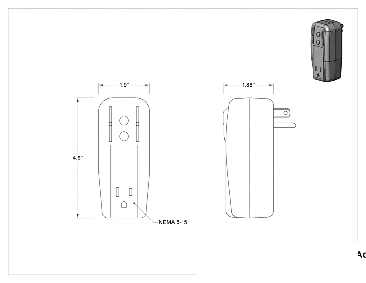 Teknik Çizim - GFCI Priz Adaptörü, Otomatik Sıfırlamalı, NEMA 5-15, Sarı