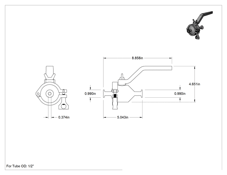 Teknik Çizim - Gıda ve İçecek için Hijyenik Açma/Kapama Vanası, 1/2" Boru Dış Çapı için