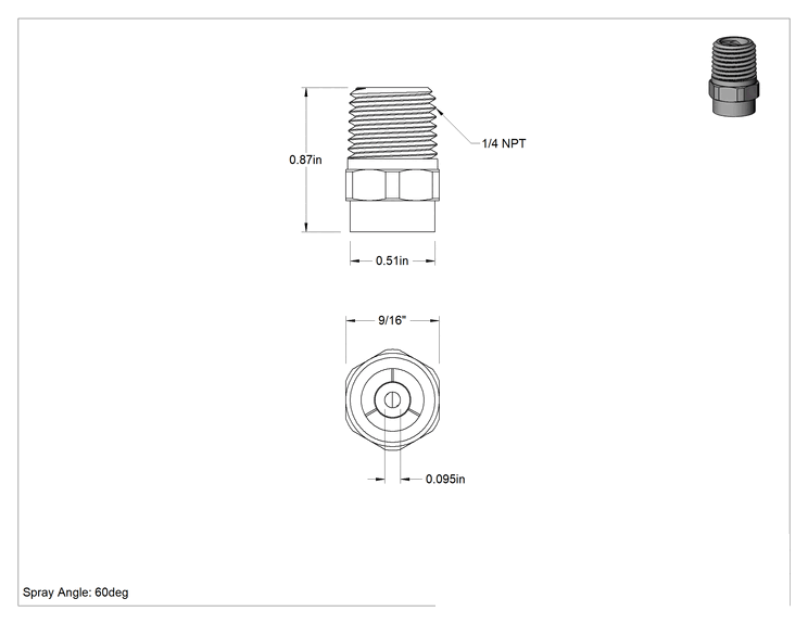 Teknik Çizim - Tam Konik PVDF Plastik Püskürtme Nozulu, 1/4 NPT Erkek, 0.6 gpm @ 10 PSI, 60 Derece Püskürtme Açısı