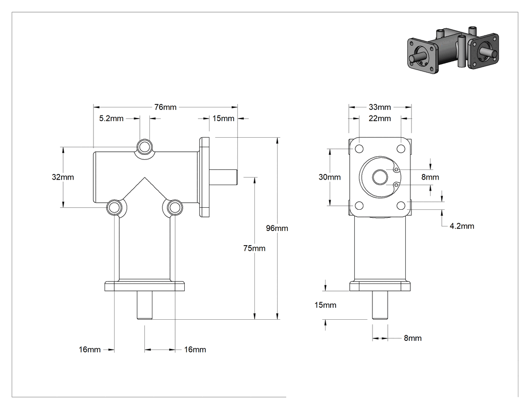 Teknik Çizim - Metrik Dik Açı Dişli Kutusu, 1 Çıkış Mili, 2 Flanş, 19 inç-lbs @ 1750 rpm Tork