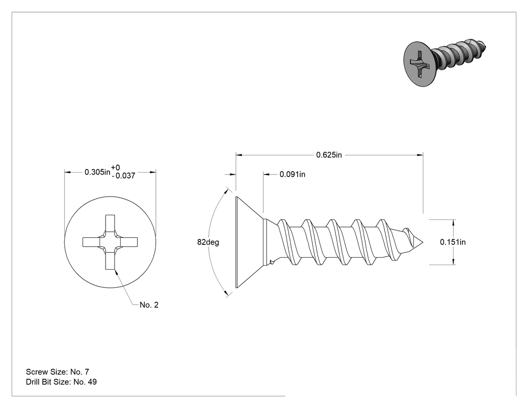 Teknik Çizim - Sunta ve Sunta Levhalar için Havşa Başlı Vidalar, Çinko Kaplı Çelik, Numara 7 Boyut, 5/8" Uzunluk