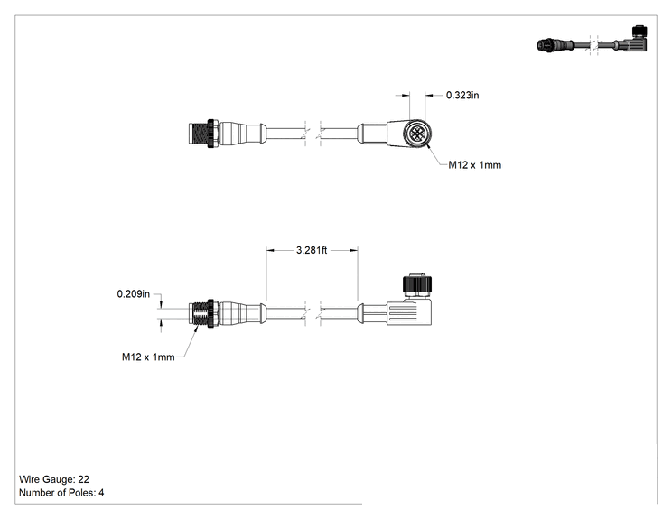 Teknik Çizim - Mikro M12 Kablo, Tapa x Dirsek, 4 Kutup, 3' Uzunluk, 0.2" Dış Çap