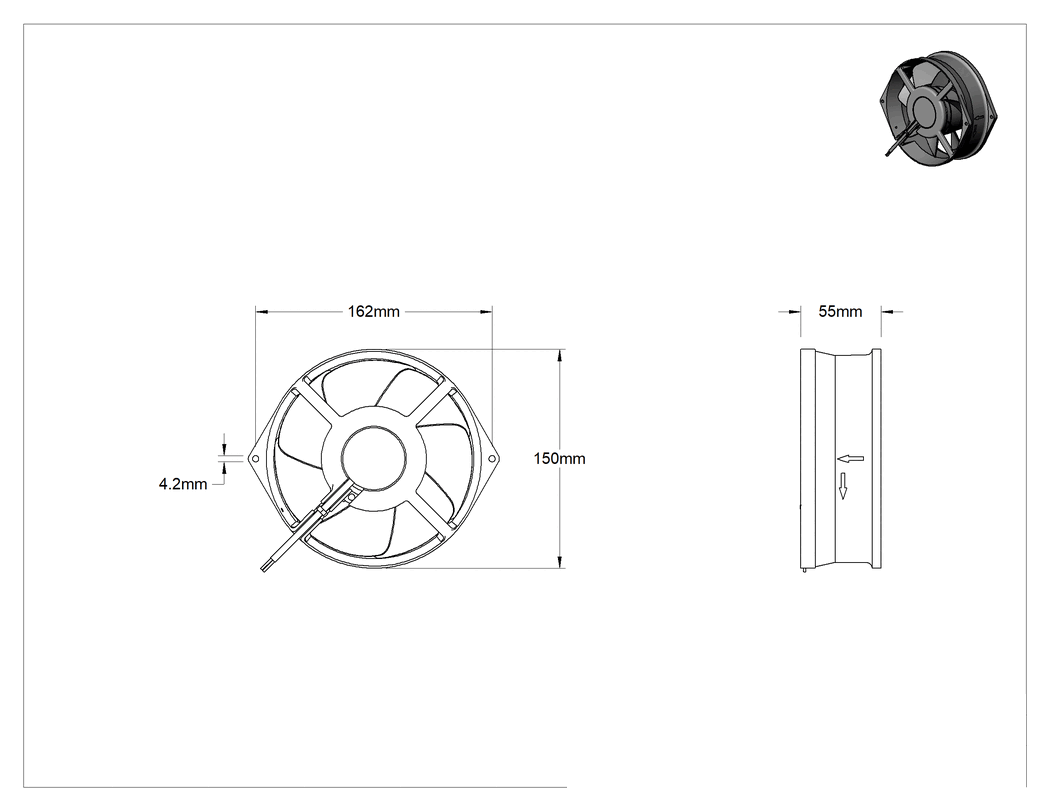 Teknik Çizim - Yüksek Sıcaklık Ekipman Soğutma Fanı, Faston Terminaller, 115V AC, 150 mm Yuvarlak